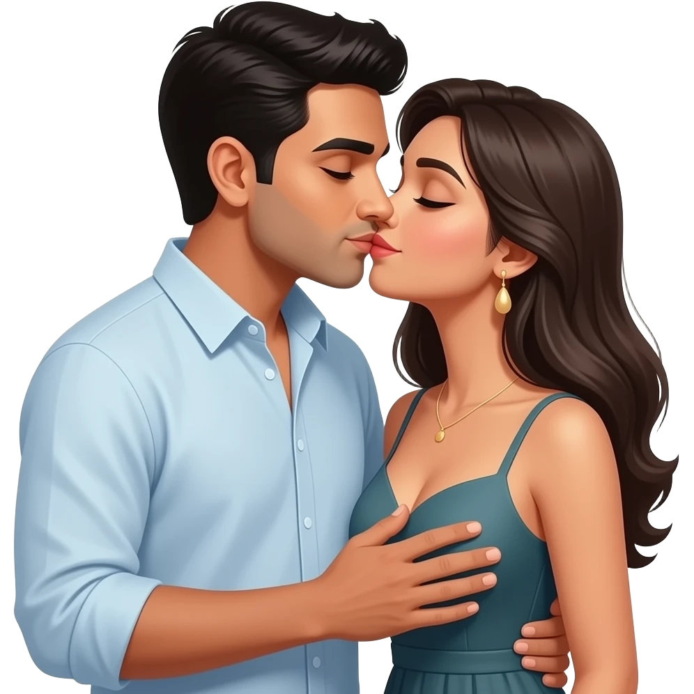 Husband kissing wife lovingly Indian couple modern casual dress. Husband hand on wife chest. Lady low neck, husband no beard no moustache emoji