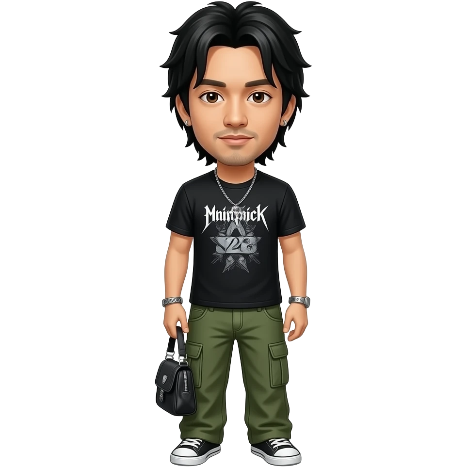 Mike Shinoda with dark brown eyes, black hair, black metallic rock t-shirt, olive green metallic rock baggy pants, necklace and earrings emoji