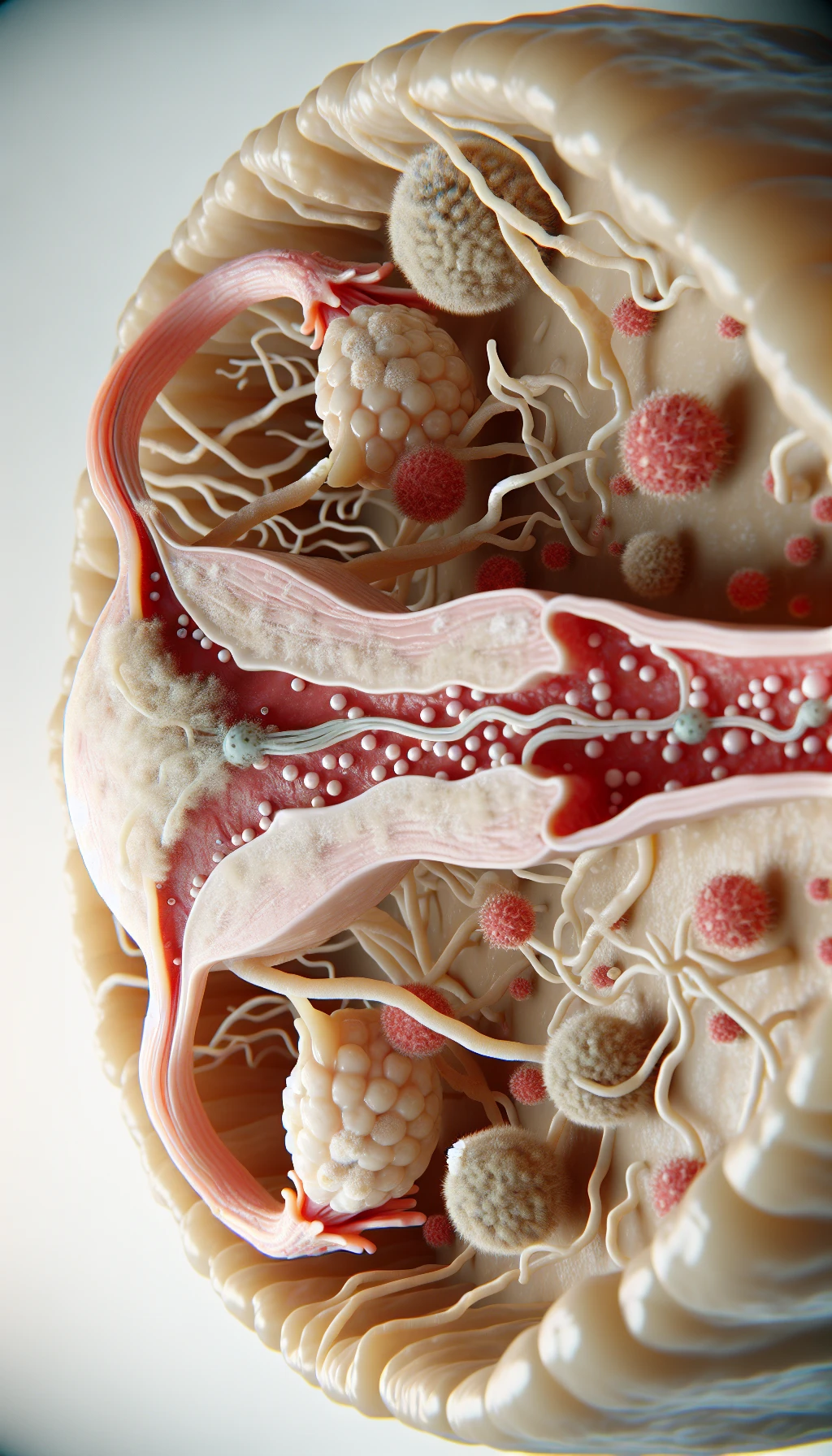 corpo umano anatomico con batteri come la candida nell'utero, sfondo neutro chiaro, iperrealistico 4k emoji