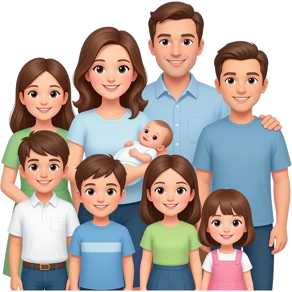 family of 8 white people and all with brown hair with 2 parents mom holding a newborn baby girl and dad with 6 kids in age order- girl-13, boy-10, boy-10, girl-8, girl-1 emoji