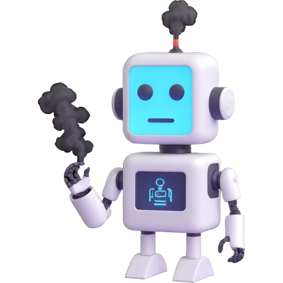 a robot with smoke coming out of its head, error messages on screen, symbolizing an AI malfunction emoji