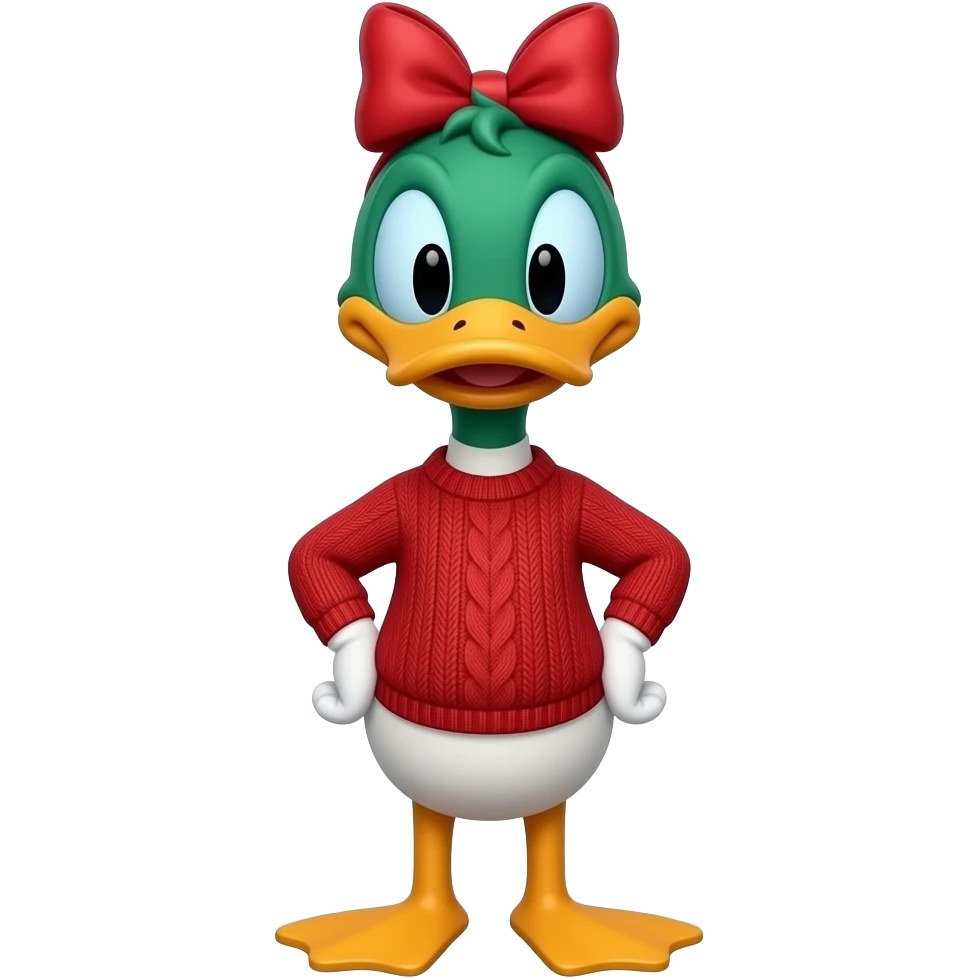 Cartoon male Duck all green orange big bow and red  dress sweater white gloves very tall look goofy and silly and Looney full body emoji