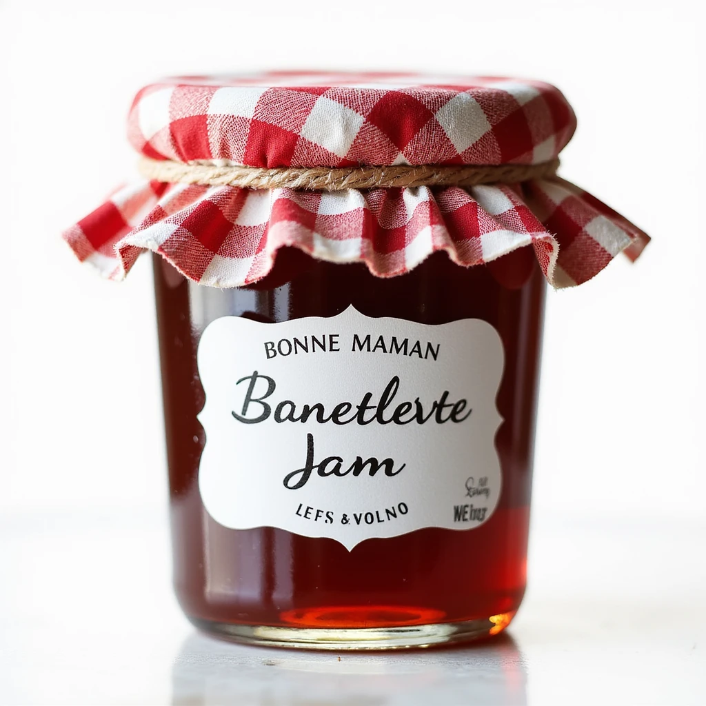 Bonne Maman jam jar, with gingham lid and label, photorealistic style emoji