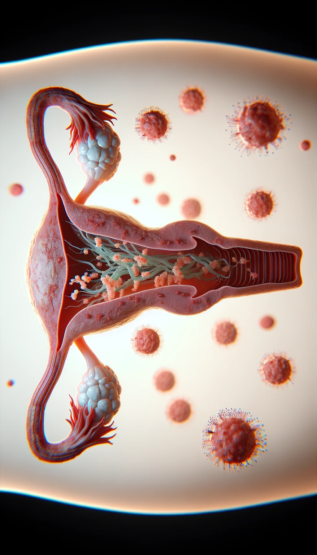 corpo umano anatomico con batteri come la candida nell'utero, sfondo neutro chiaro, iperrealistico 4k emoji