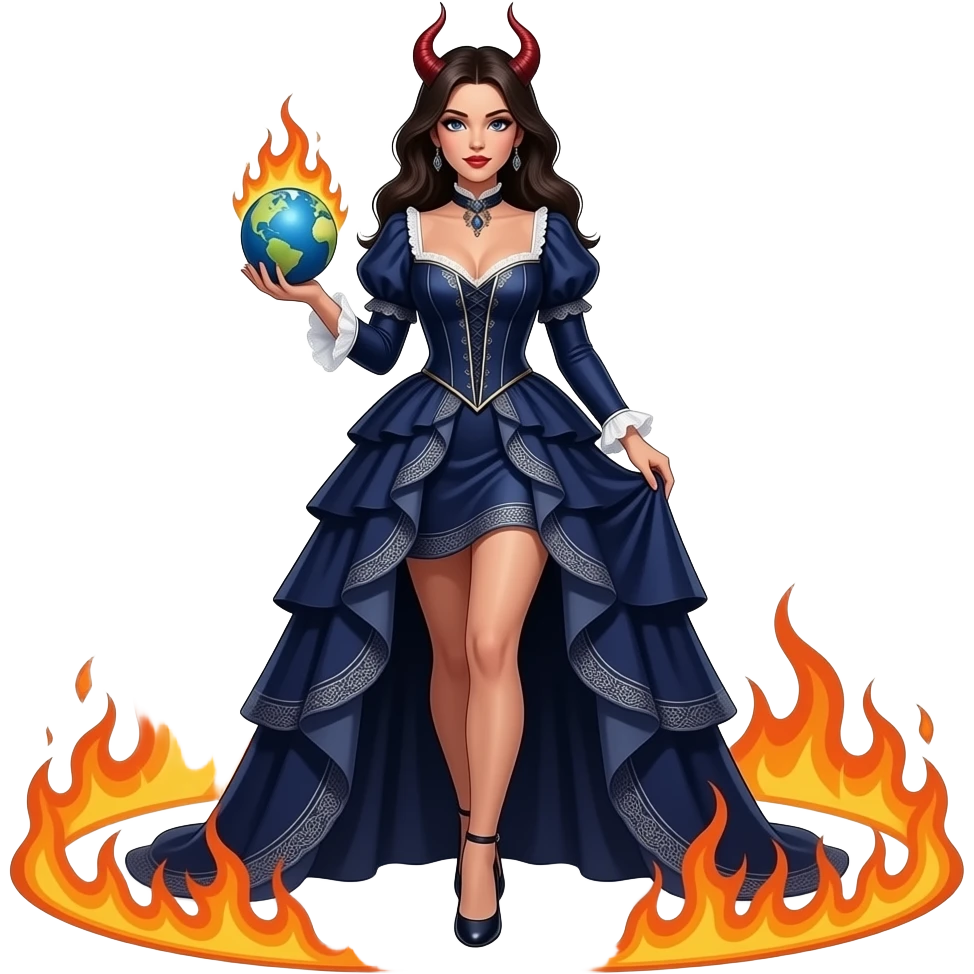 a seductive demonically beautiful woman in a long dark blue ornate Victorian dress with a deep neckline holds a radiant globe in her hand and steps out of a circle of fire emoji