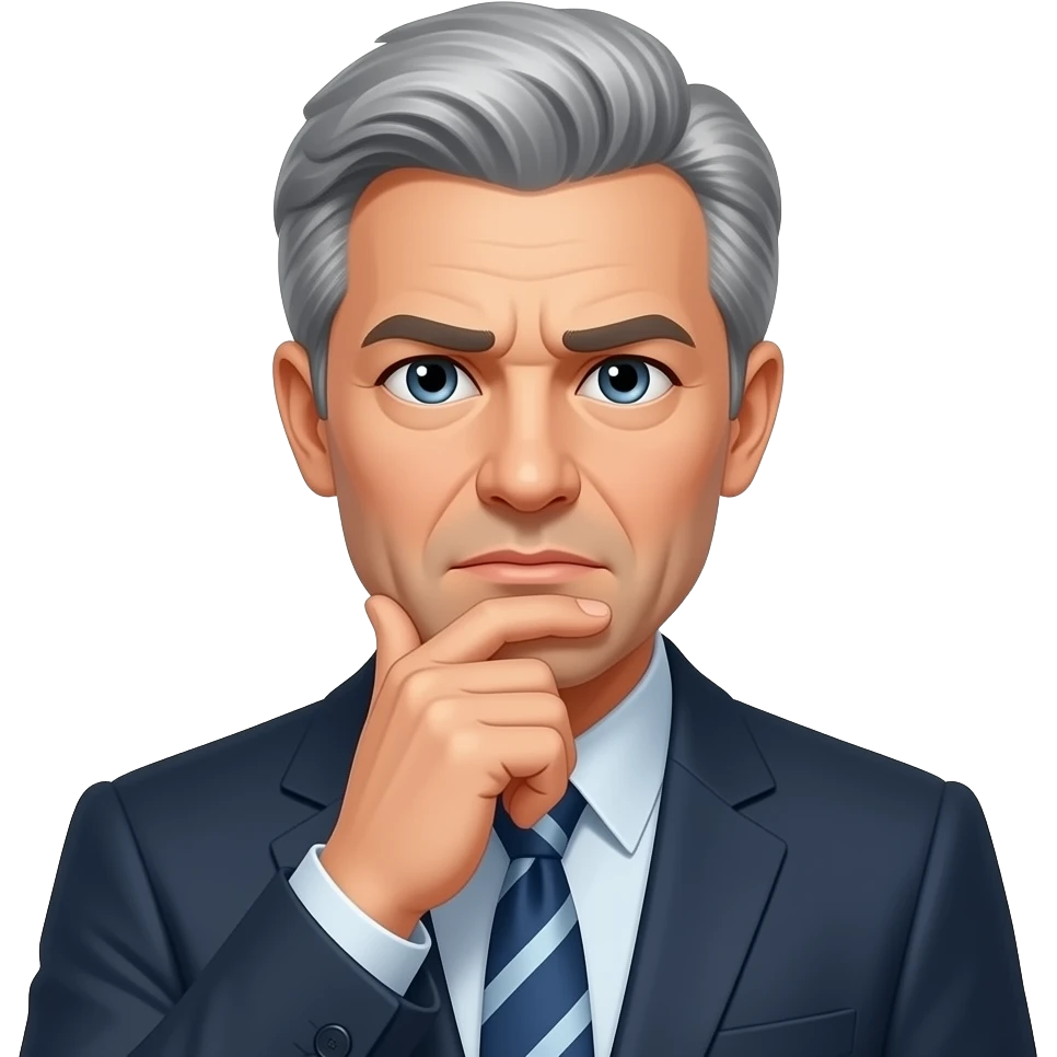 Man, middle ages, grey hair, thinking hard, suit emoji