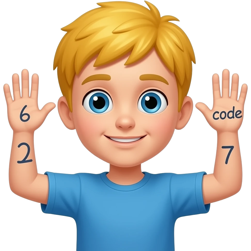 Decak sa zutom  kosom sa podignutim rukamo pored glavd i brojevi na jedni ruku broj 6 a na drugu 7 i pored da pise kod emoji