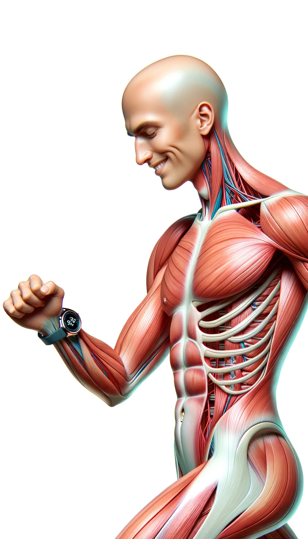 corpo umano anatomico sereno e felice che cammina mentre osserva il suo orologio contapassi, colori realistici del corpo, espressione soddisfatta, iperrealistica 4k, isolato su sfondo bianco emoji