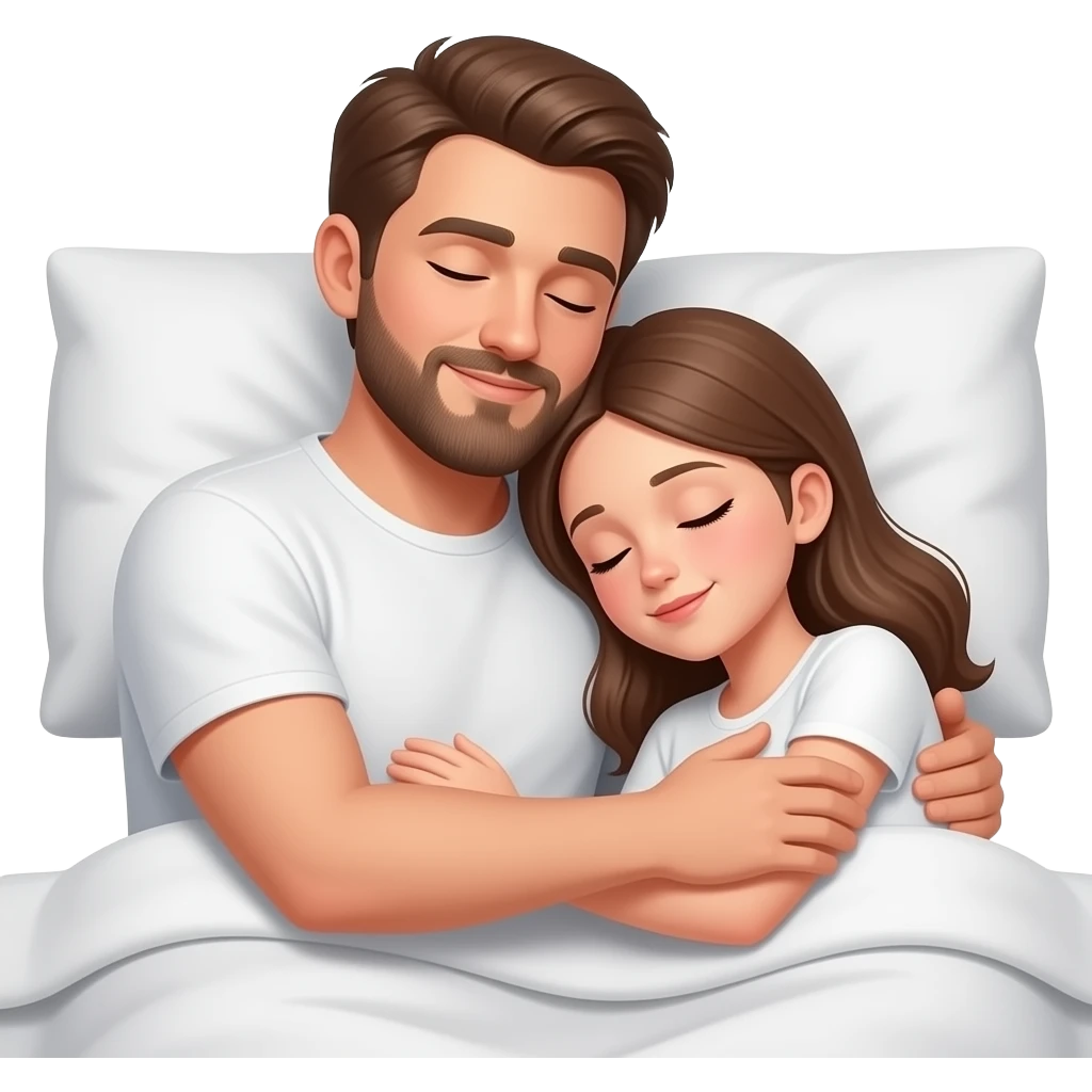 Realistic white man brown hair with beard hugging while sleeping in bed with realistic white girl brown hair emoji
