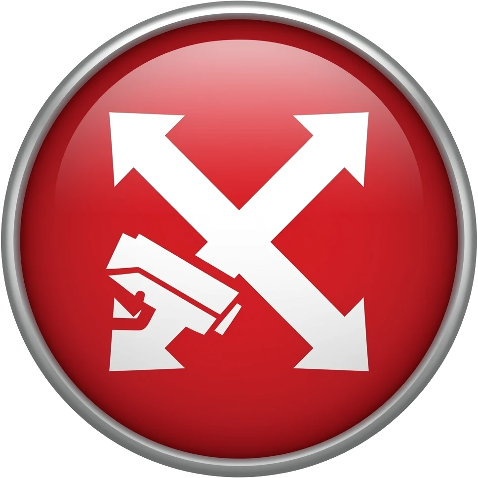 Red filled circle with white X and arrow end points on the X. CCTV in the centre emoji