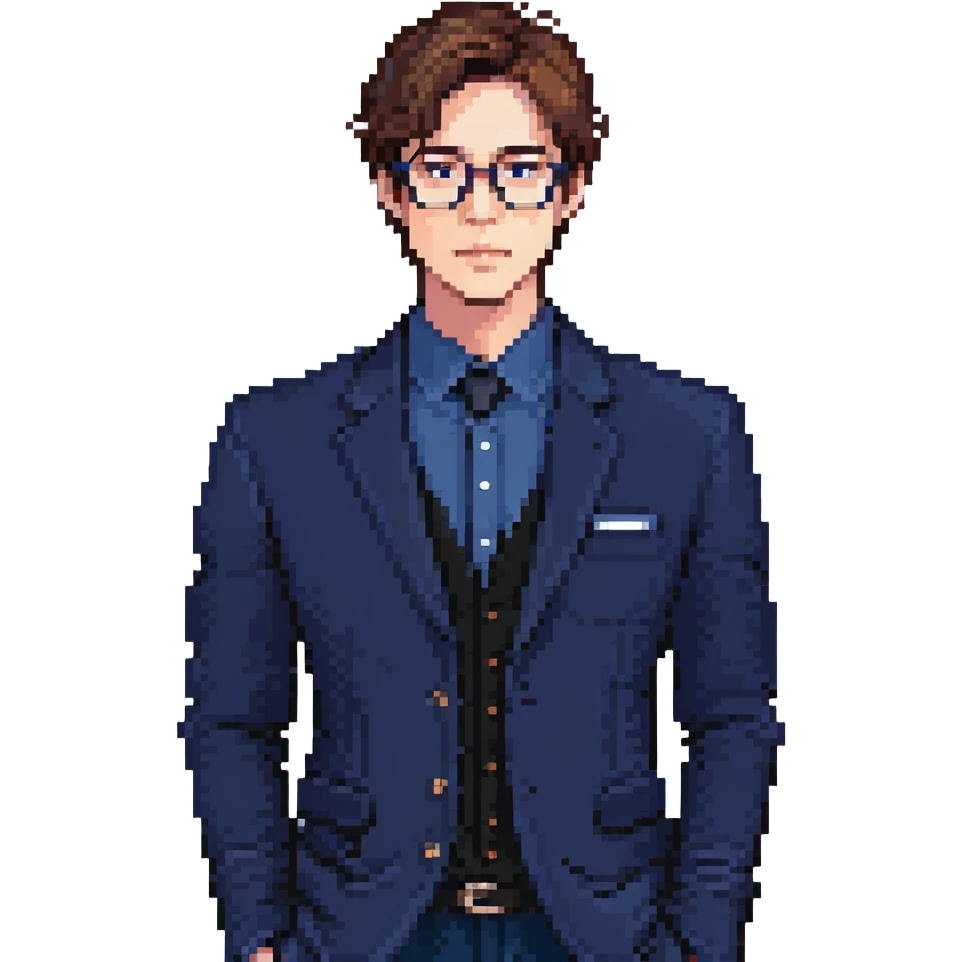 Flat pixel art, focused and reserved male architect, short sleek brown hair, wearing glasses, intense sharp eyes, wearing a deep indigo suit jacket over a black shirt, holding a blue print, waist-up, front-facing emoji