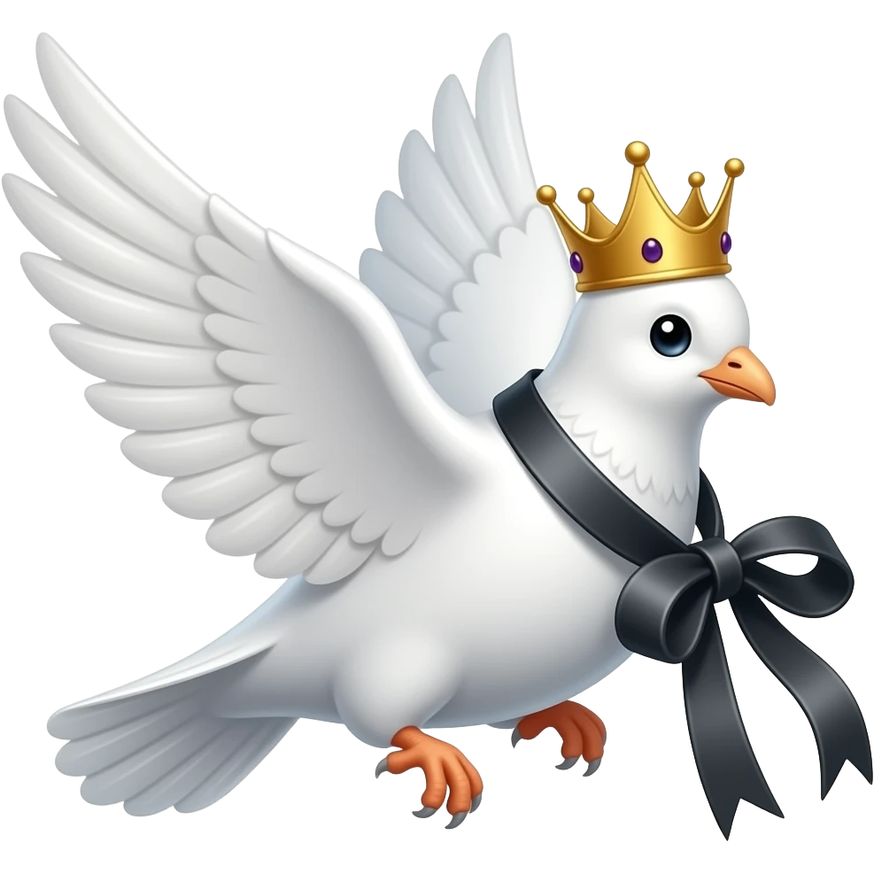 white dove bird flying away with black belt hanging off neck coming from funeral with crown on emoji