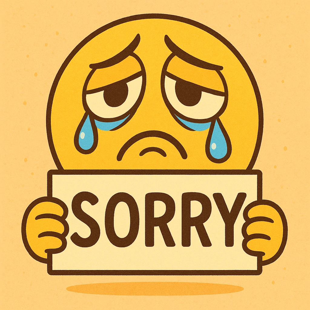 cartoonish sad face holding a 'sorry' sign, with teardrops and droopy eyes emoji