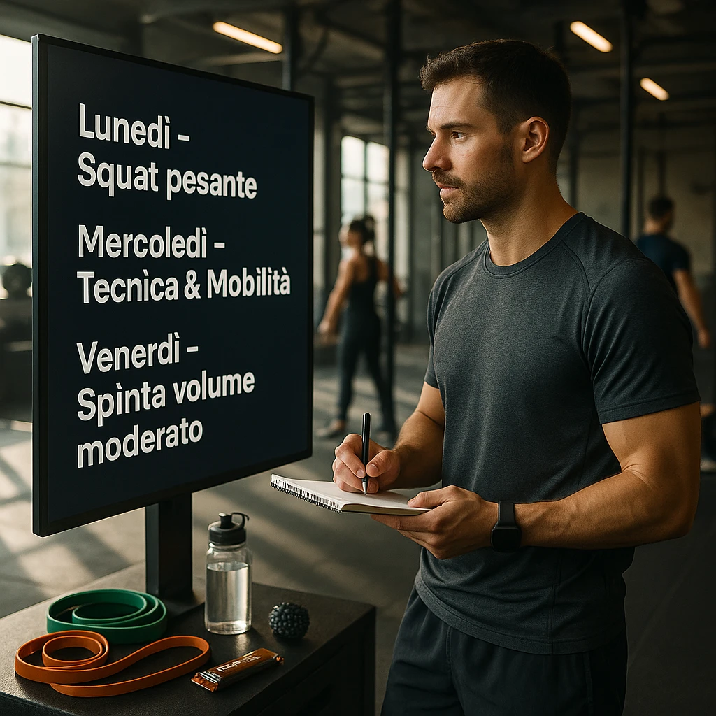 Sporty 30-year-old man in a modern gym, near a digital screen with a weekly plan in Italian: 'Lunedì – Squat pesante', 'Mercoledì – Tecnica & Mobilità', 'Venerdì – Spinta volume moderato'. He looks at the plan with concentration, wearing technical sportswear, holding a pen and notebook. Around him: resistance bands, mobility tools, water bottle, protein bar. Relaxed and strong posture. Other athletes in the background. Natural light, fitness-lifestyle style, slightly cinematic. emoji
