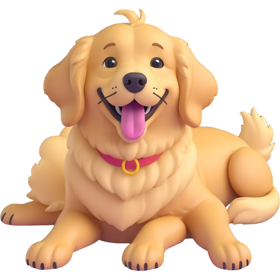 3D style golden retriever, lying down, tongue out, cute and fluffy emoji