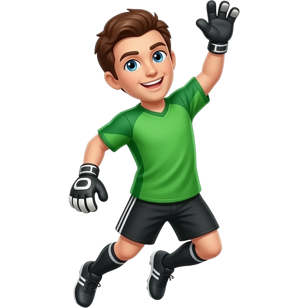 faça umgoleiro de camiseta verde, short conza, olhos azuis, cabelo marron, sorrindo e se jogando para a direita em um pulo e com a mão para o alto a direita  não quero bola na imagem emoji