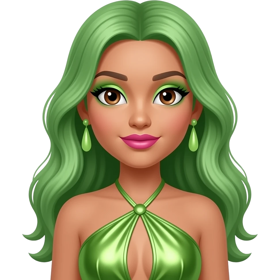 RiRi.Realness from The Next Kidz with light medium skin, brown eyes, long green hair, lime green eyeshadow, pink lipstick, lime green metallic halter dress, light green earrings emoji