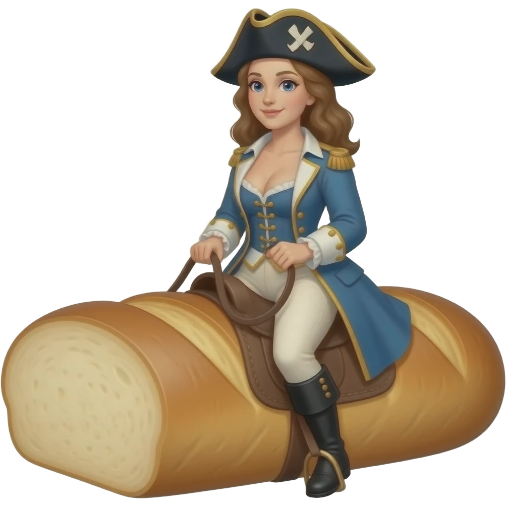 wild historical French Mariana in a tight corset with a large open neckline, with a rebel Jacobin cap riding a large French bread emoji