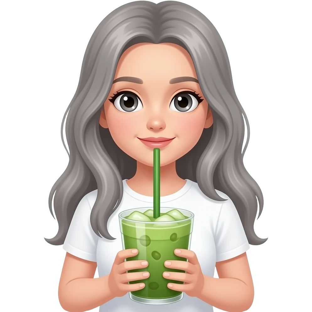 realistic, -beautifulblackeyedgirl-long-gray-hair-white-tshirt-holding-large-iced matcha,-fov-90-degrees,-short-lighting,-l-usm,-cold-colors,-gilded-technique,-extremely-hyper-aesthetic,-absurdres emoji