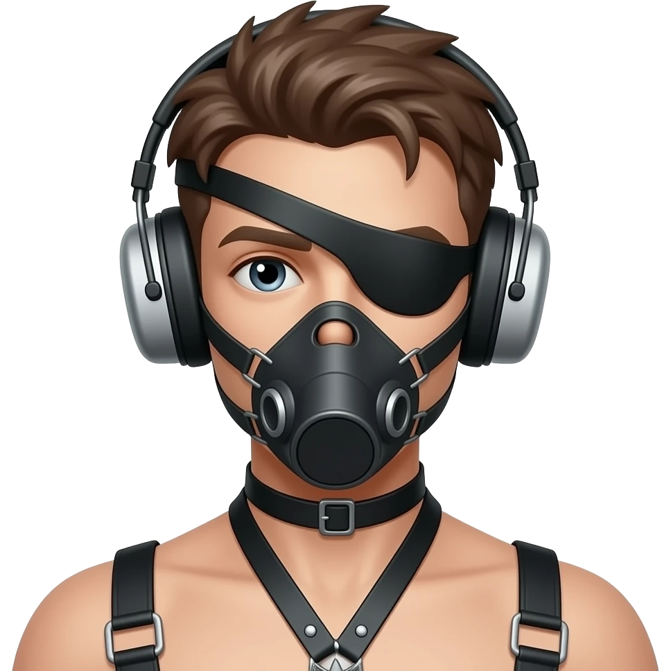 Bondage boy naked earmuffs muzzle blindfold emoji