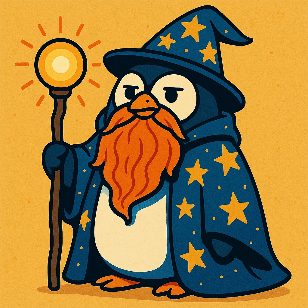 a chubby penguin wizard with a long beard, starry cloak, and a glowing orb, looking wise and mystical emoji