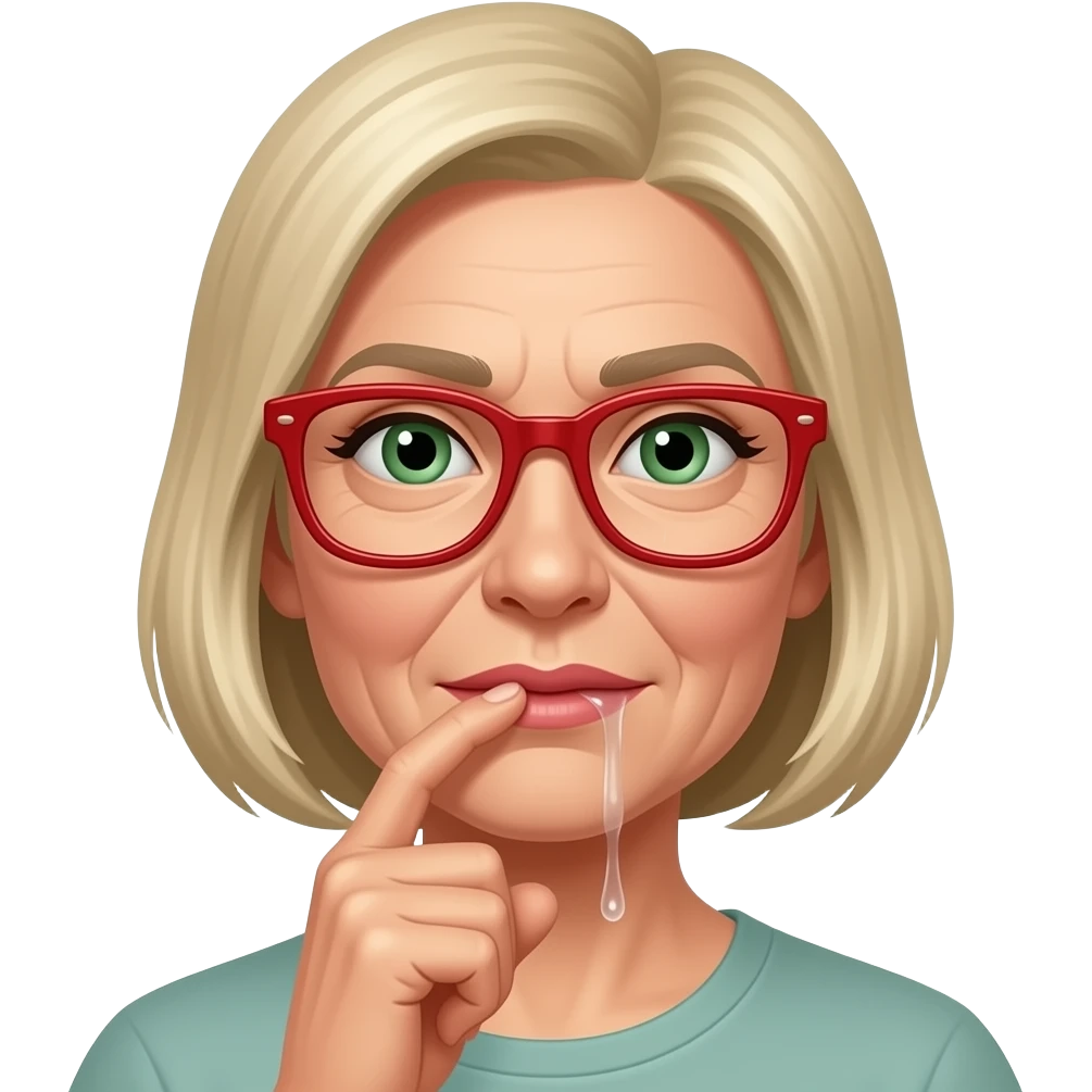 Ssanie palca przez starszą  kobietę i szczuplejszej  twarzy  językiem włosy blond zielone oczy i okulary w kolorze czerwonym, kapiąca ślina, opryszczka na dolnej wardze emoji