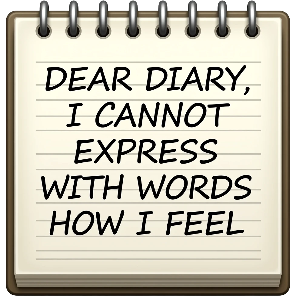 A diary with cursive writing in it: DEAR DIARY, I CANNOT EXRESS WITH WORDS HOW I FEEL emoji