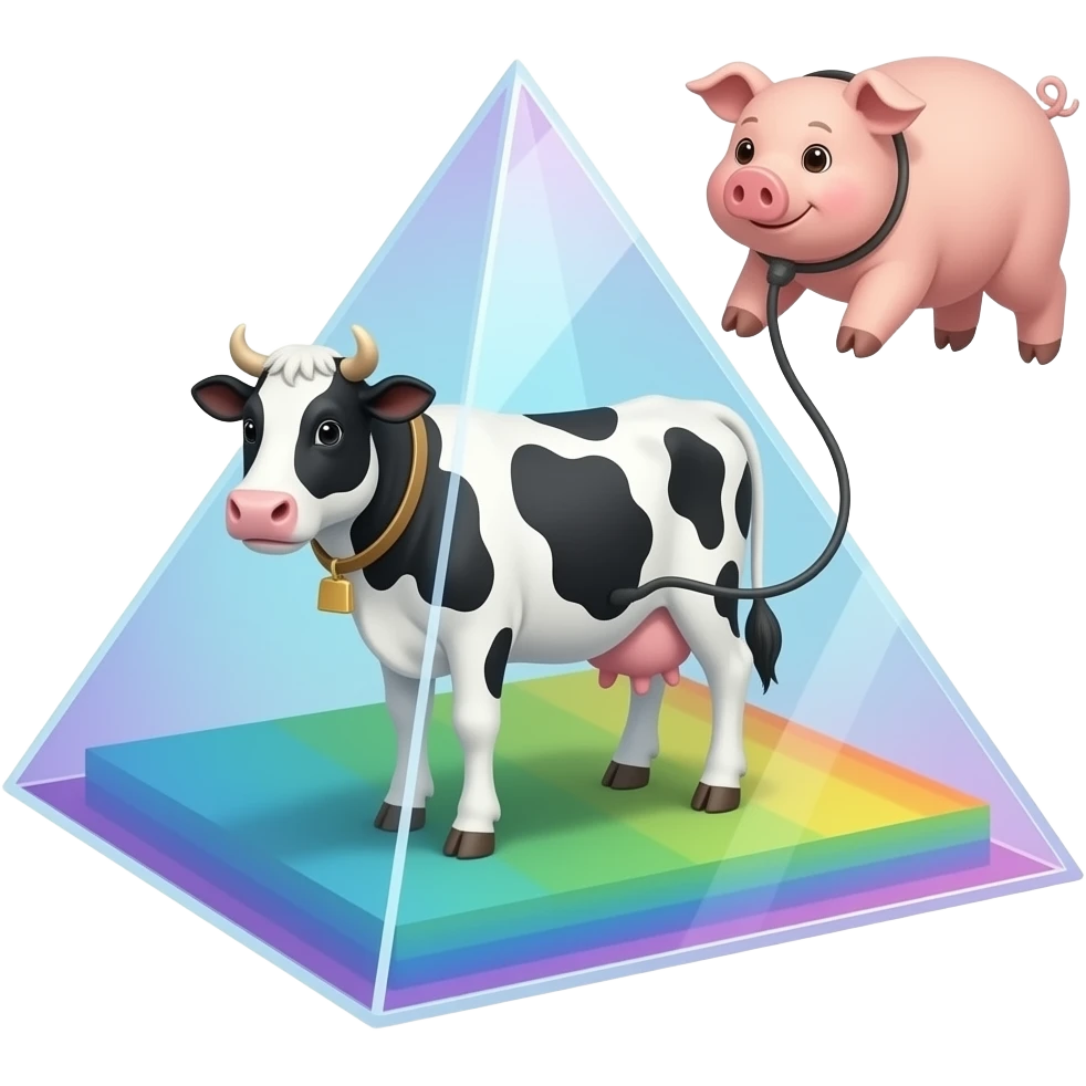 a black and white cow stands inside a glass pyramid floating in space and shining with rainbow colors, outside the pyramid floats a fat pig connected to the cow emoji
