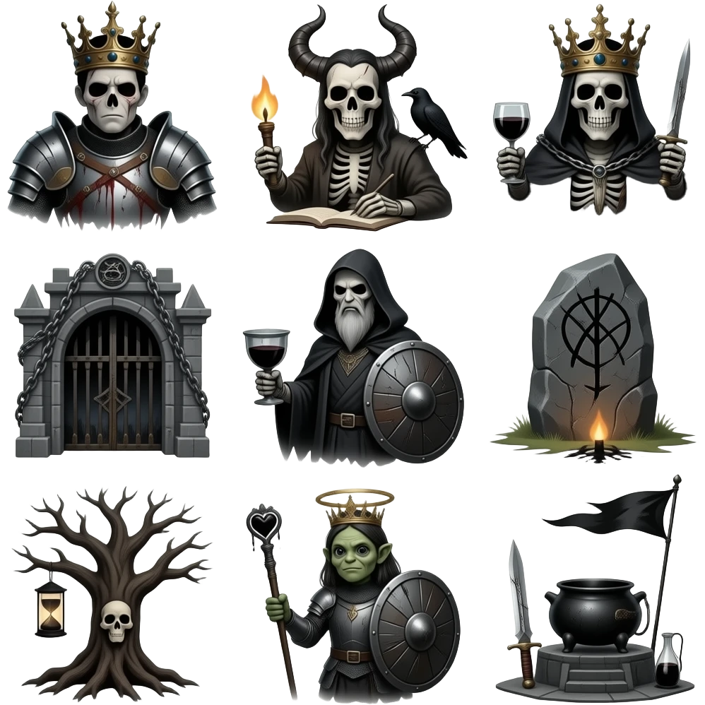Create a set of 30 different medieval dark emojis emoji