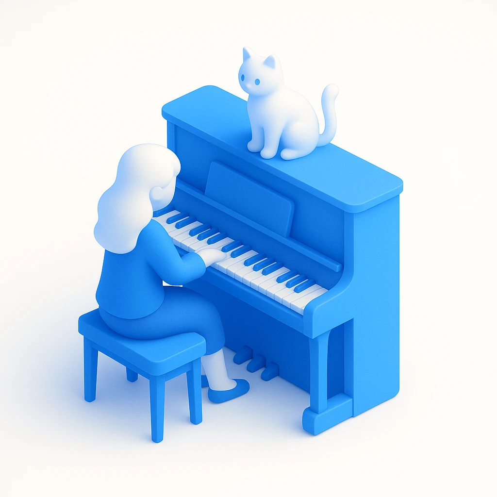 woman playing piano while her cat sits on top of the piano emoji