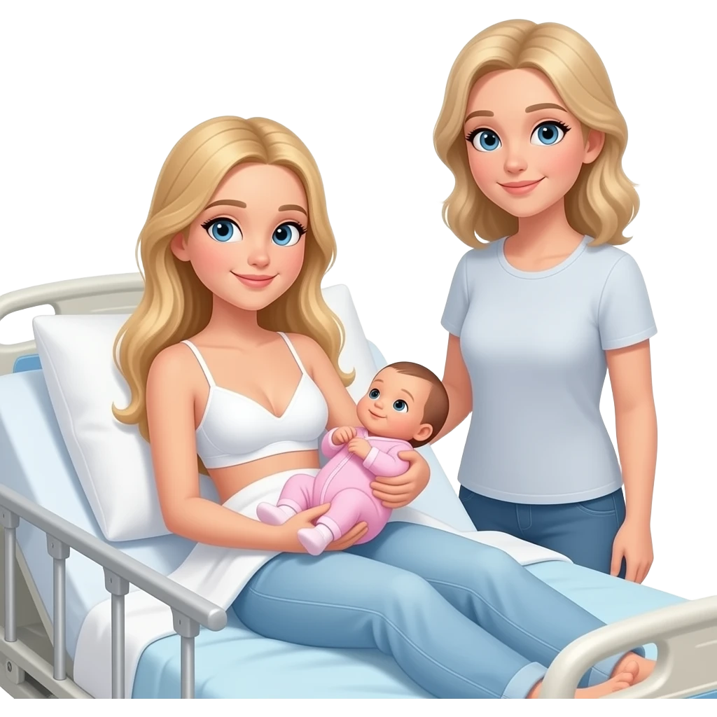 in hospital bed 17 year old girl Woman with long blonde hair, and light blue eyes, wearing white bra and light blue baggy jeans with skinny body, holding newborn girl wearing pink onesies, with 38 year old mom with blonde hair and blue eyes standing beside bed emoji