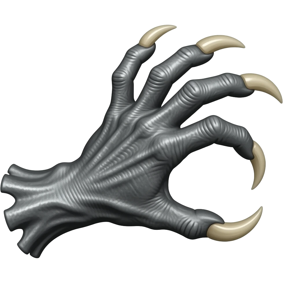 Demonic dark silver hand with long sharp dark ivory color claws reaching towards the right violently. Shift the perspective to a side profile to show the curvature and length of the claws more clearly. emoji