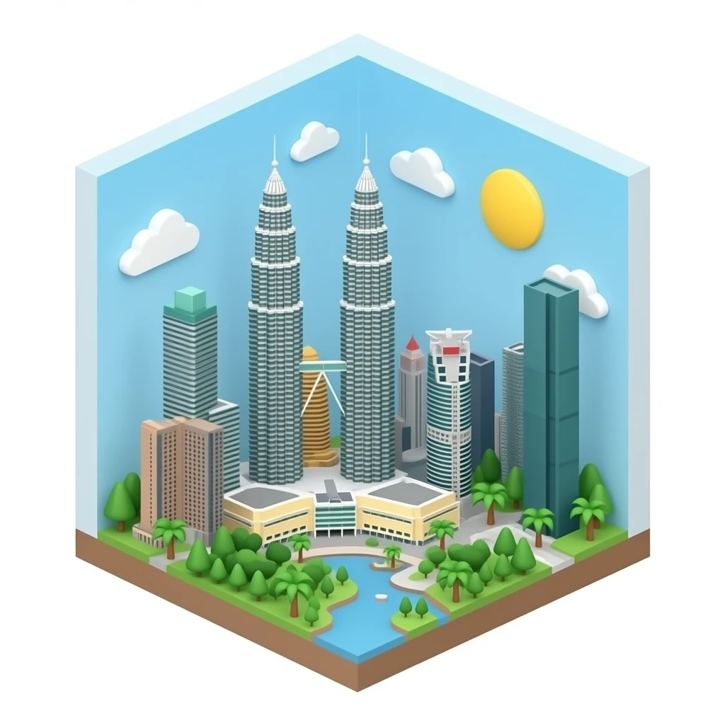 3D isometric miniature emoji of Petronas Twin Towers, with Kuala Lumpur skyline and small palm trees, cute chibi style, rounded shapes, glossy vibrant colors, soft lighting, tiny diorama, minimal background  Short version: emoji