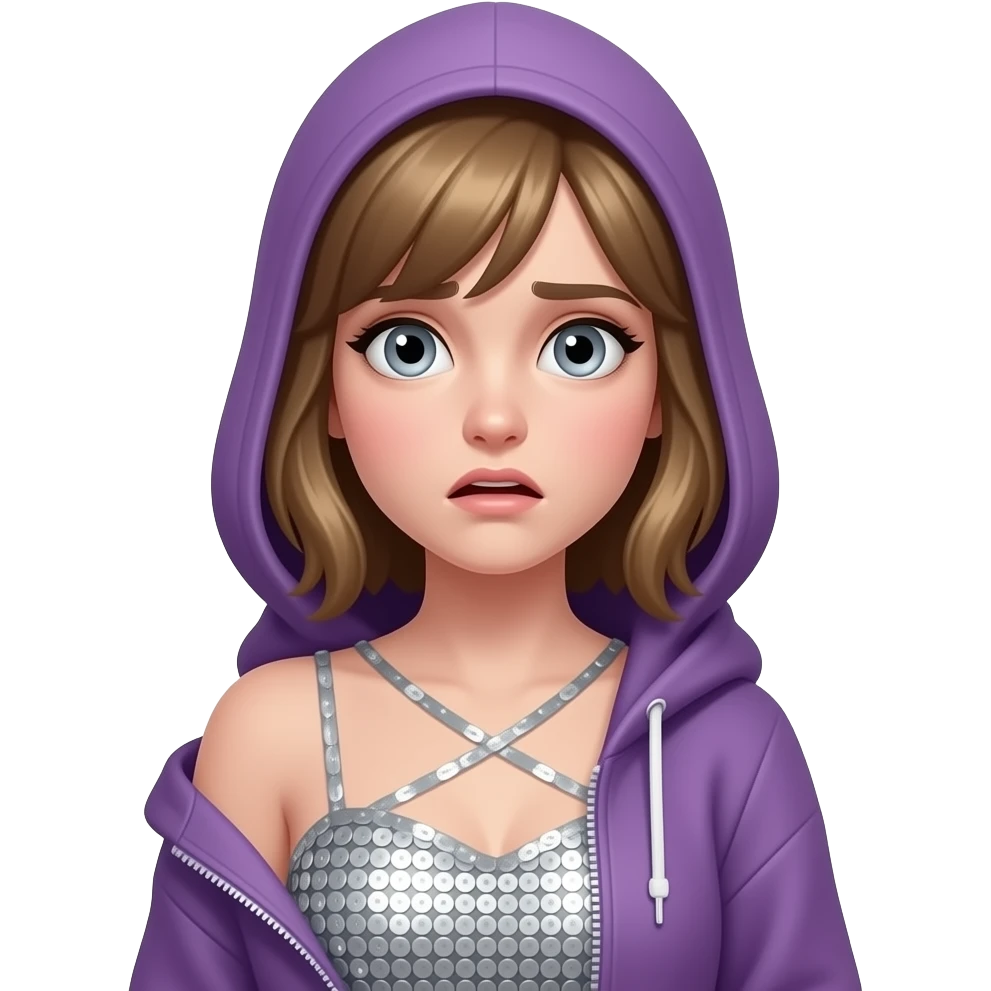 White girl with gray eyes, dark blonde (almost brown) chin-length hair, wearing a purple hoodie over a silver, finely-sequined dress that wraps around with no shoulder-straps. The hood is down. Scared. emoji