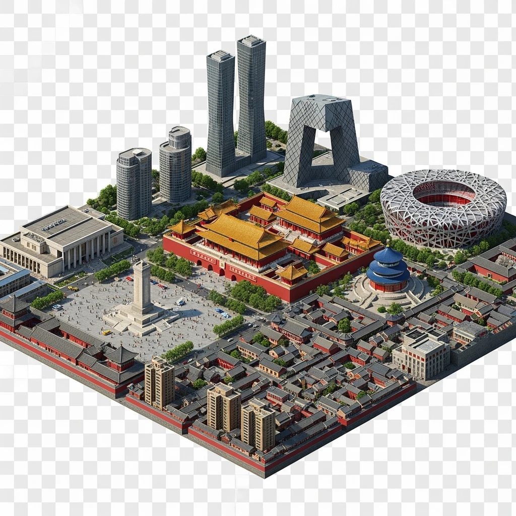 Isometric miniature of Beijing Forbidden City, Tiananmen Square, CCTV Headquarters, Temple of Heaven, China Zun Bird’s Nest Stadium and crowded hutong alleys, apartment blocks, 3D miniature effect and Tilt Shift effect, no cartoonish look, transparent background, don't cut angles emoji