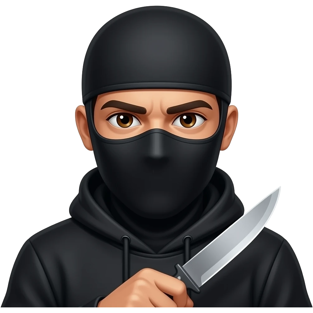 Spanish Man brown eyes wearing all black in balaclava with knife emoji