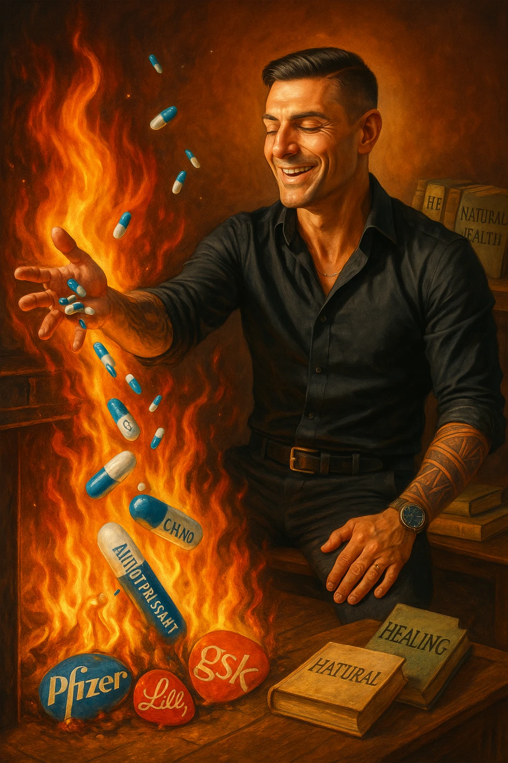 "Enlightened man throwing antidepressant pills into fireplace, flames consuming what he sees as chemical poison, expression of liberation from psychiatric medication, Big Pharma logos melting in the fire, natural healing books spread on table behind him, pharmaceutical slavery being broken through pill destruction, mental clarity returning as drugs burn" emoji