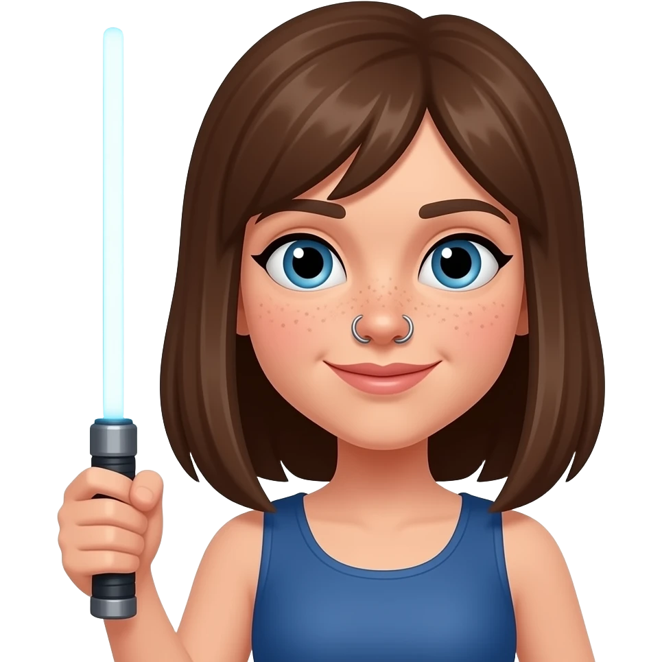 Princess, blue lightsaber, slightly lighter skin tone , with shoulder brown length straight hair and a nose ring, more freckles around nose emoji