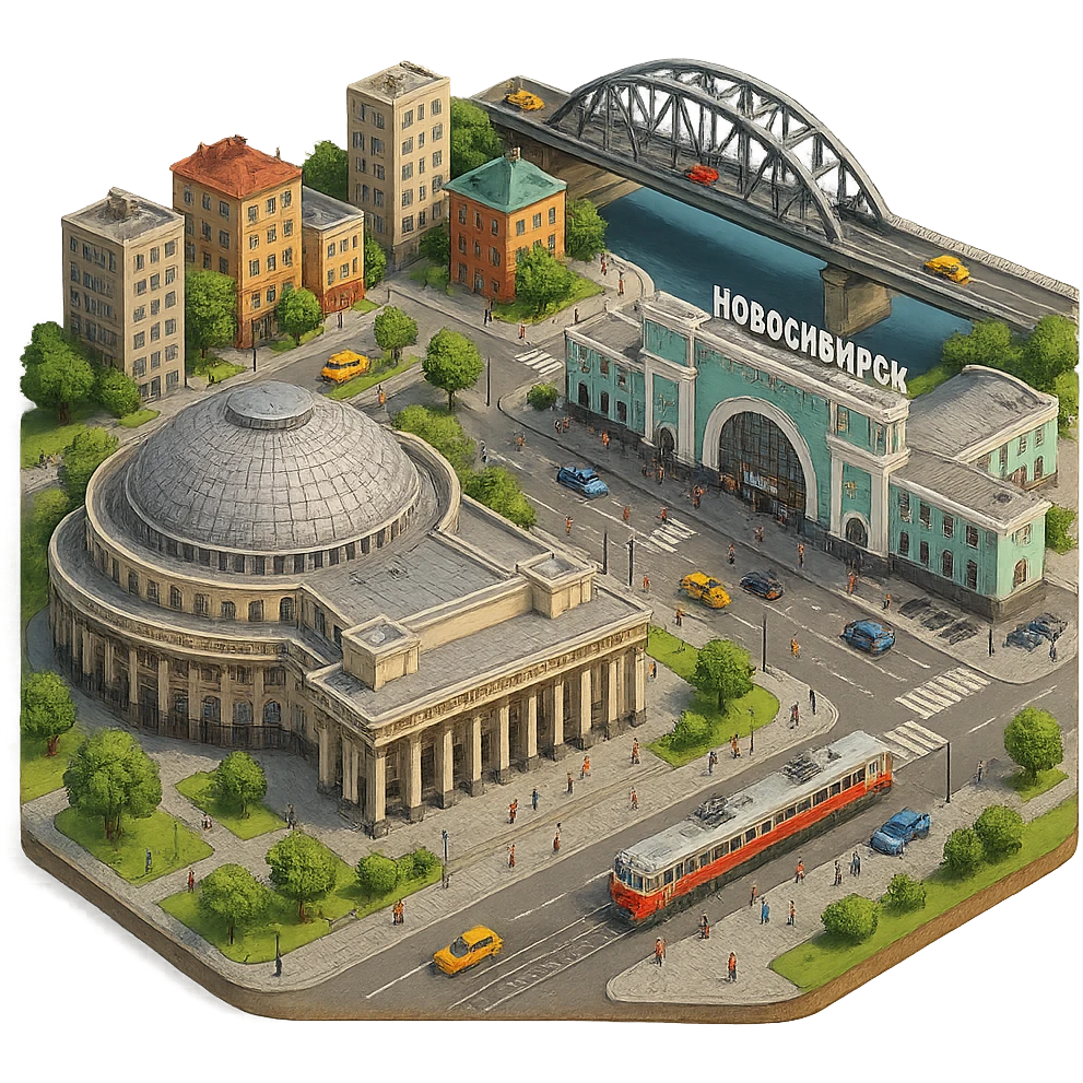 Изометричная миниатюрная фотореалистичная 3D модель Новосибирска - Опера, Вокзал, мост через Обь, дома, четкая детализация, яркие цвета, мультяшный реализм, люди, автотранспорт, компактная композиция, вид сверху в изометрии, прозрачный фон emoji