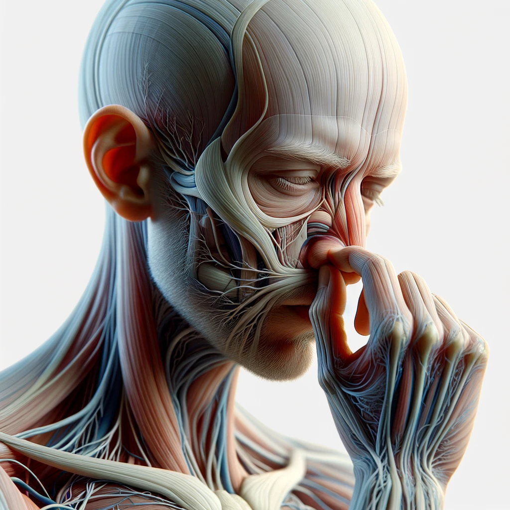 corpo umano anatomico che si soffia il naso perché ha il raffreddore, iperrealistico 4k, isolato su sfondo bianco emoji