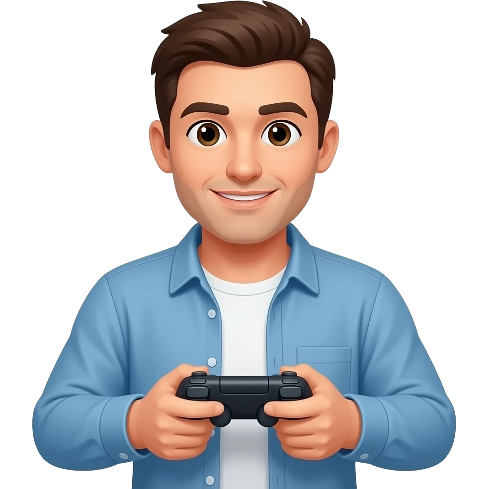 Man in home playing PlayStation emoji