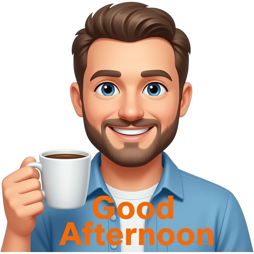 a stubbled face man smiling lifting a steaming cup of coffee close to the camera with the words 'Good Afternoon' in orange printed across the screen emoji