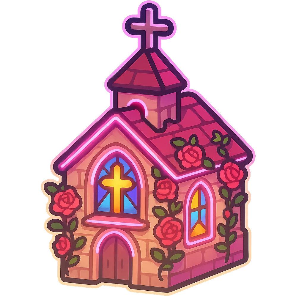 tiny emoji of a Catholic church, pastel pink and cream stone, glowing stained glass, roses climbing up the walls, crucifix on rooftop, neon accents, inspired by Verona Beach church in Romeo + Juliet (1996), dramatic lighting, grunge holy vibe, discord sticker style emoji