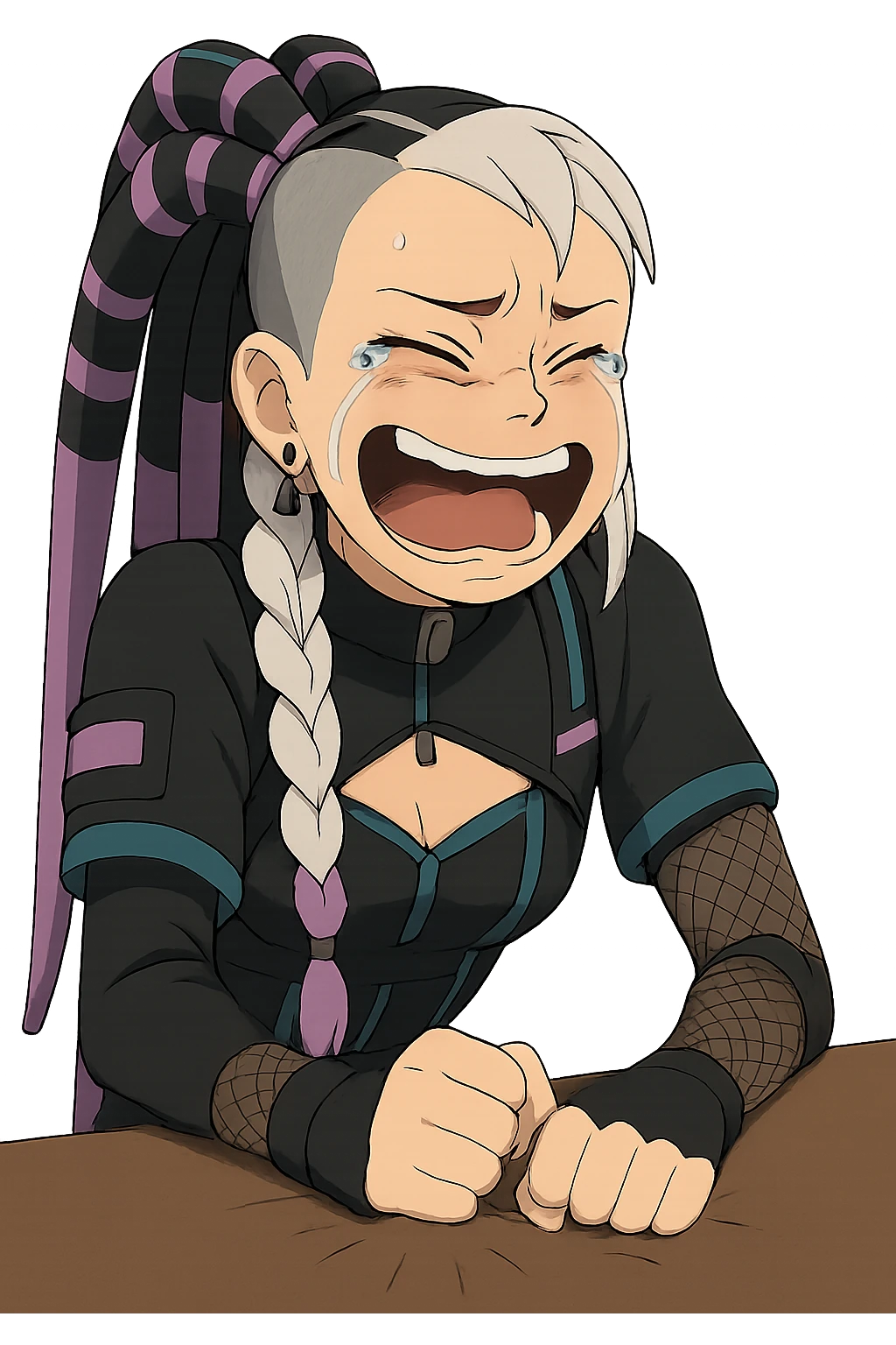 1 female, single long white braid with lavender tips. Cybergoth futurepunk, crying from laughter, pounding her fist on a table, “wheeze emoji” facial expression, hilarious  emoji