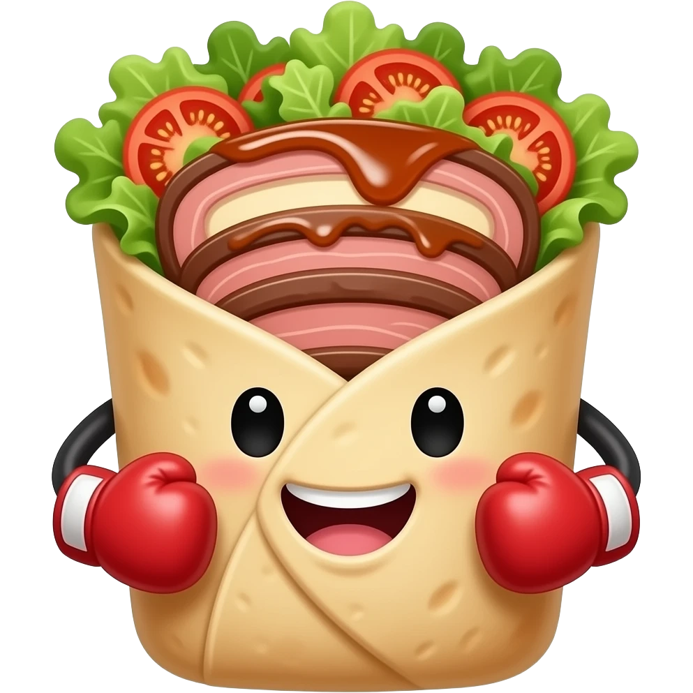 Doner kebab emoji, clearly visible layered kebab meat slices (not sausage), with salad, tomato and sauce, wrap visible, small boxing gloves, no arms or legs, cute competitive face, clean glossy emoji style emoji