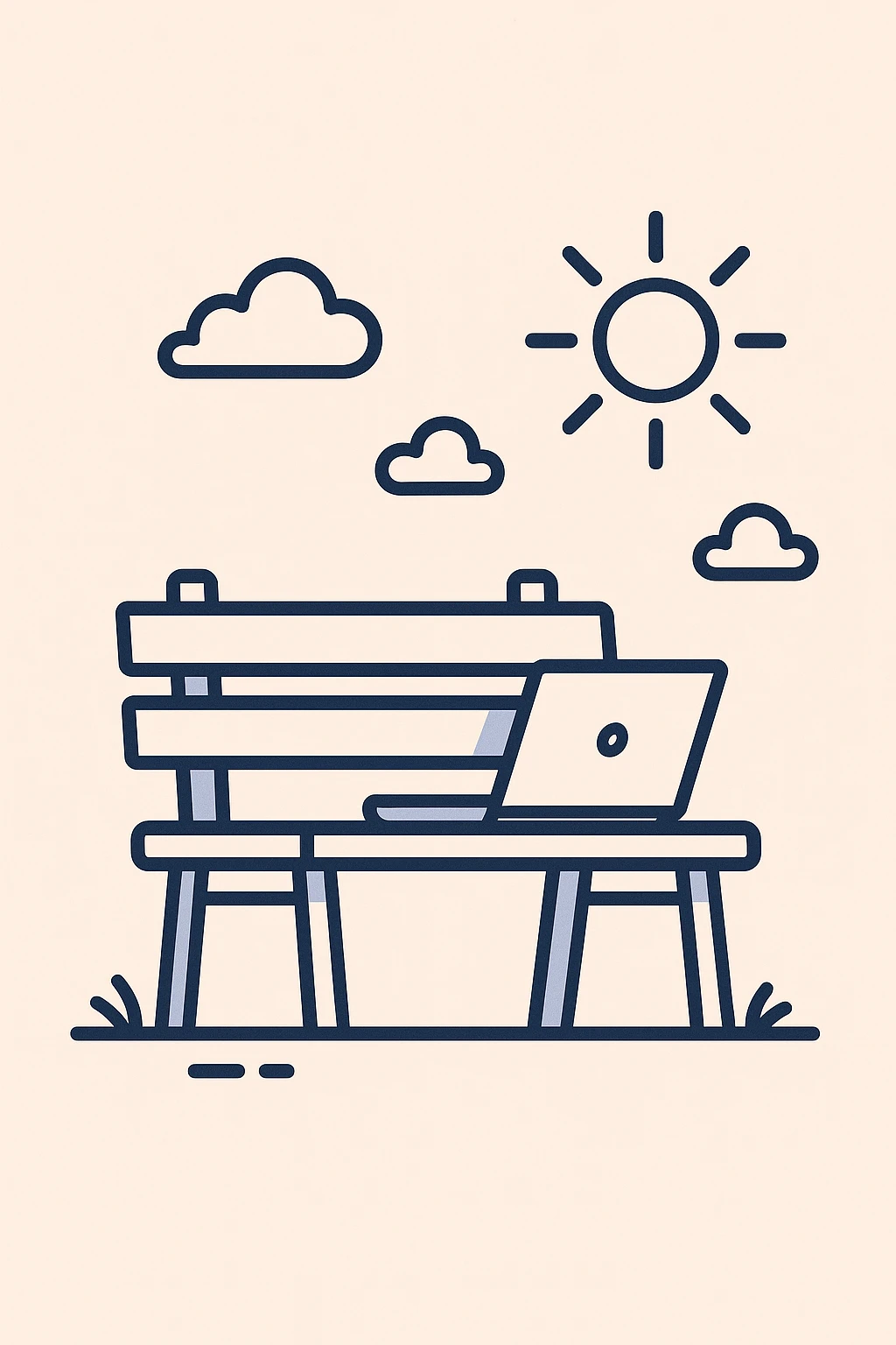 a bench in the sun with a laptop, minimal flat style emoji