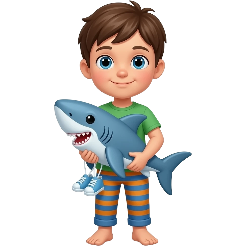 Kid wearing a green shirt and blue and orange stripes pants no shoes with a shark with blue shoes, plushy emoji