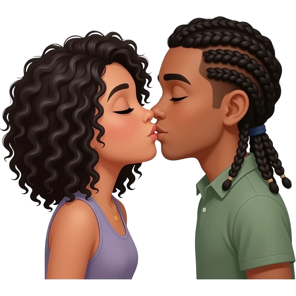 two  light skins both the same skin tone kissing girl has curly black hair and boy has black braided cornrows and they both are light brown they are both mixed emoji