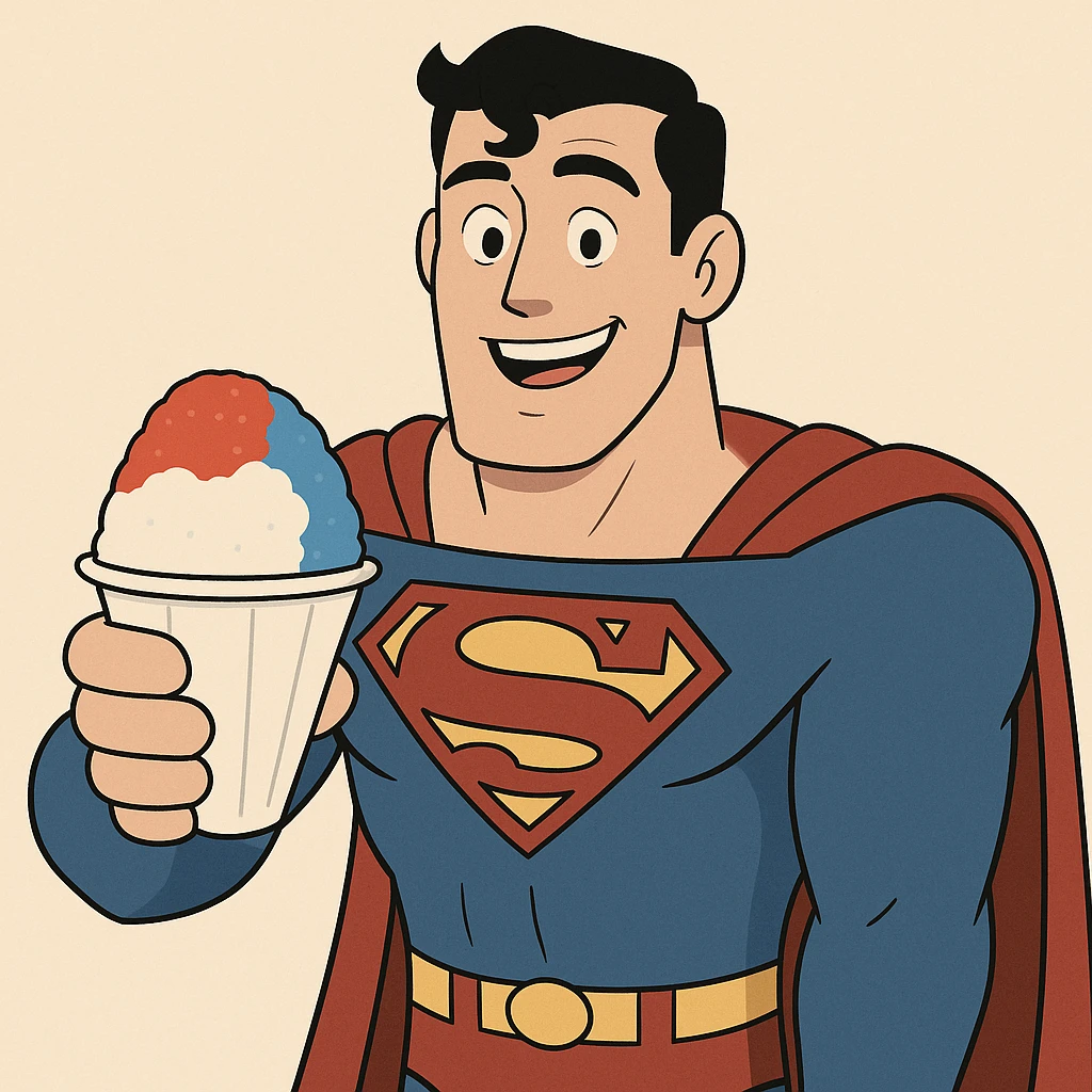 Superman offering a snow cone, friendly smile, cheerful, modern illustration style emoji