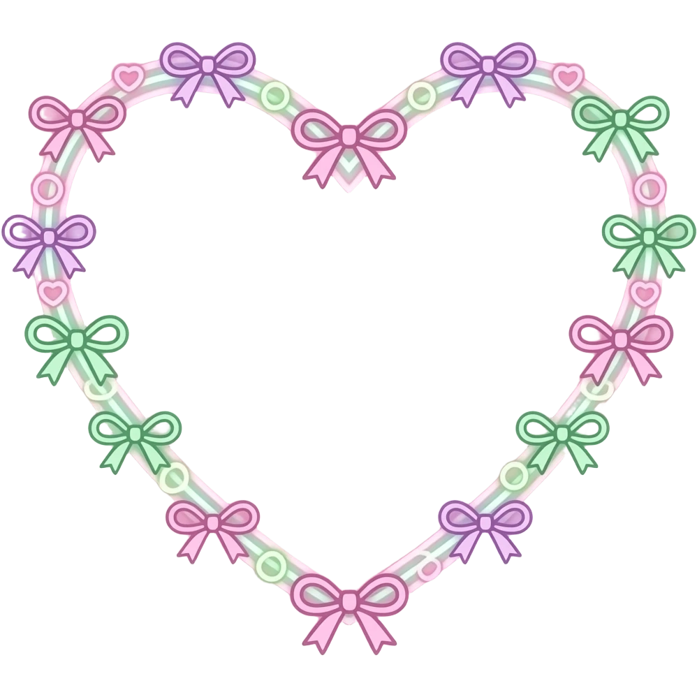 many glowing pastel pink and green lines with tiny outlined bows, circles and hearts around it with the same colour emoji